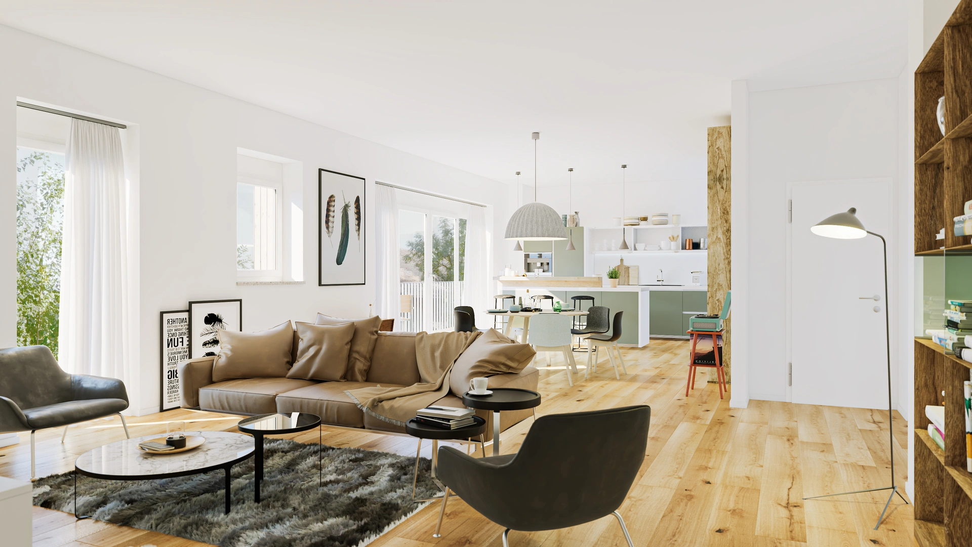 Modernes Wohnzimmer mit offener Küche in einer Immobilie in Dortmund